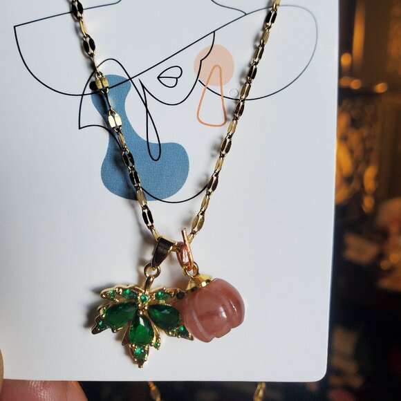 Jade pumpkin, emerald leaf stailess steel necklace - Picture 2 of 2